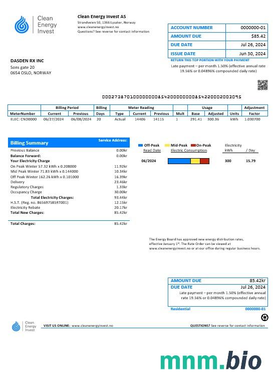 Norwegia Czysta Energia inwestuj jako szablon rachunku za media Biznesowe w formatach Word i PDF, dobry na dowód adresu